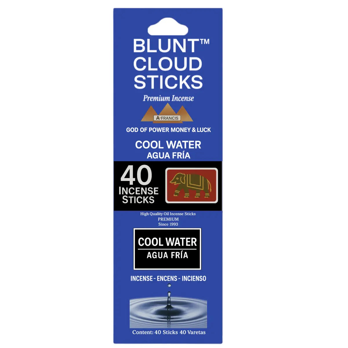 Blunt Cloud Sticks Cool Water incense packaging with 40 premium incense sticks in a blue box.