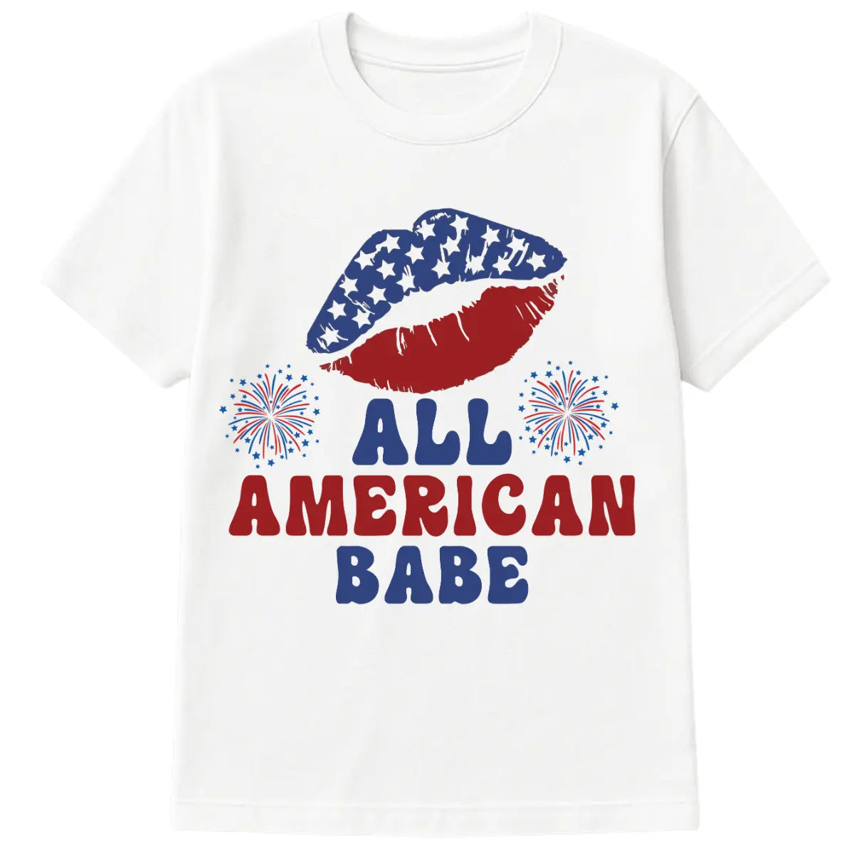 All American Babe patriotic t-shirt featuring USA flag lips and fireworks on white cotton tee for women