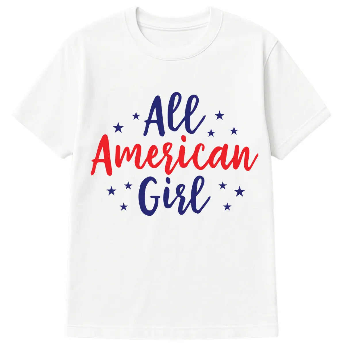 All American Girl patriotic t-shirt with red, white, and blue text and stars, perfect for 4th of July celebrations
