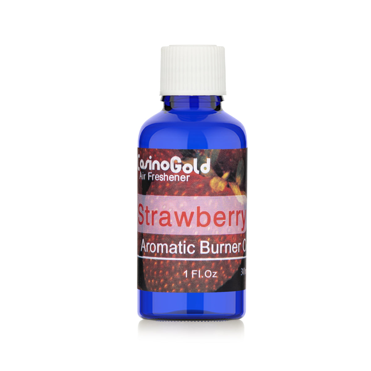 Casino Gold strawberry fragrance oil for diffusers and oil burners, 1 oz blue bottle