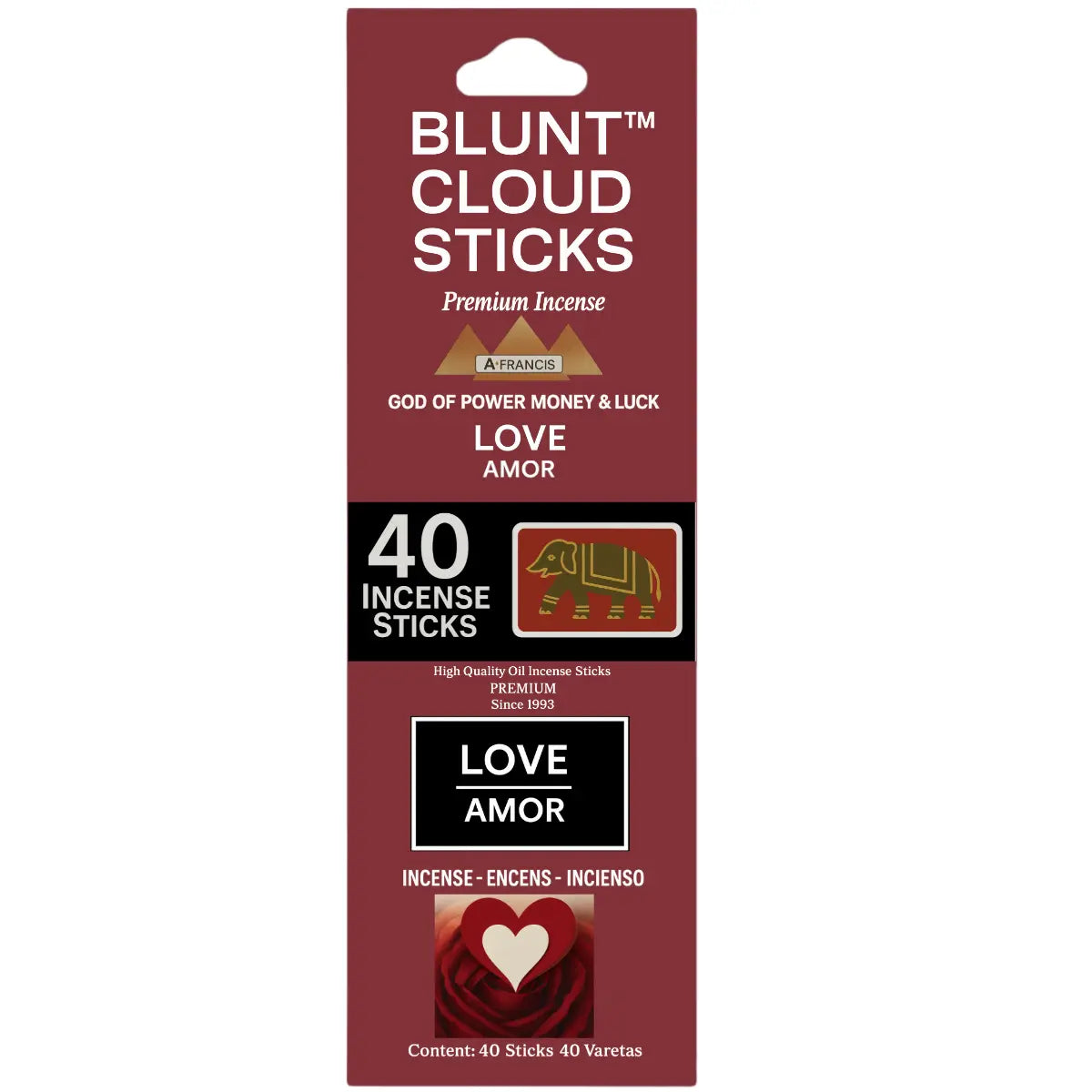 Blunt Cloud Sticks Love incense packaging with 40 premium incense sticks in a pink box.