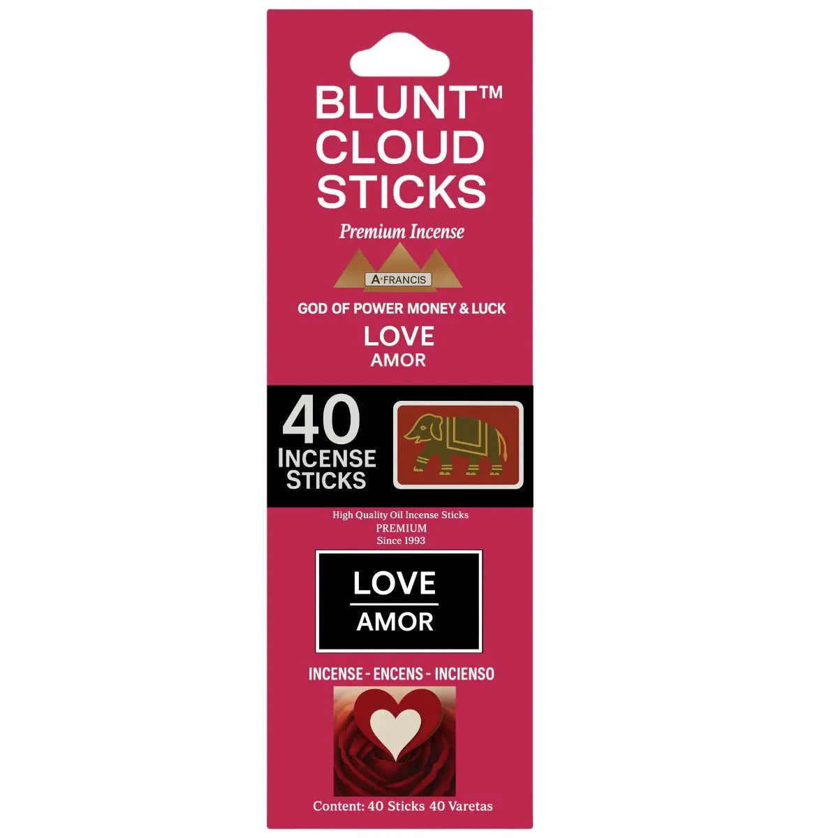 Blunt Cloud Sticks Love incense packaging with 40 premium incense sticks in a pink box.