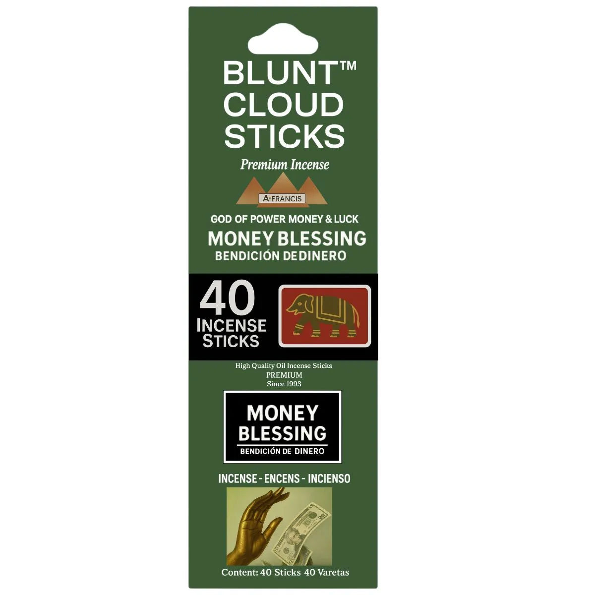 Blunt Cloud Sticks Money Blessing incense packaging with 40 premium incense sticks in a green box.