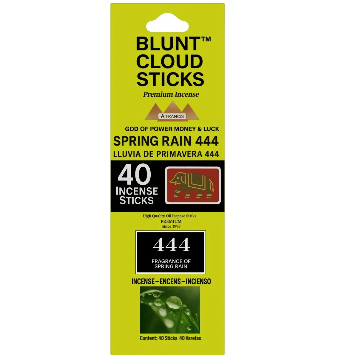 Blunt Cloud Sticks Spring Rain incense packaging with 40 premium incense sticks in a green box.