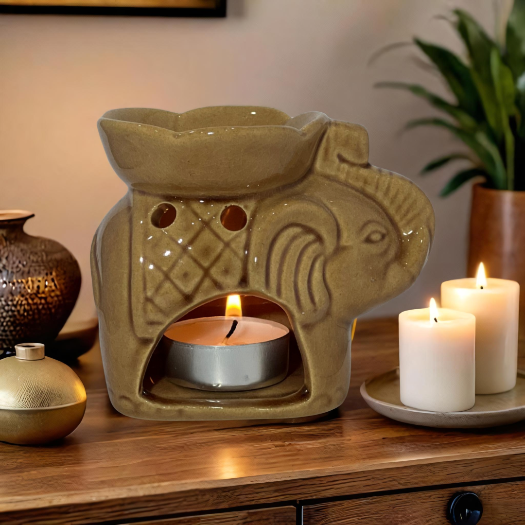 Petite Elephant Ceramic Oil Burner & Wax Warmer – Available in White, Brown, & Dark Grey