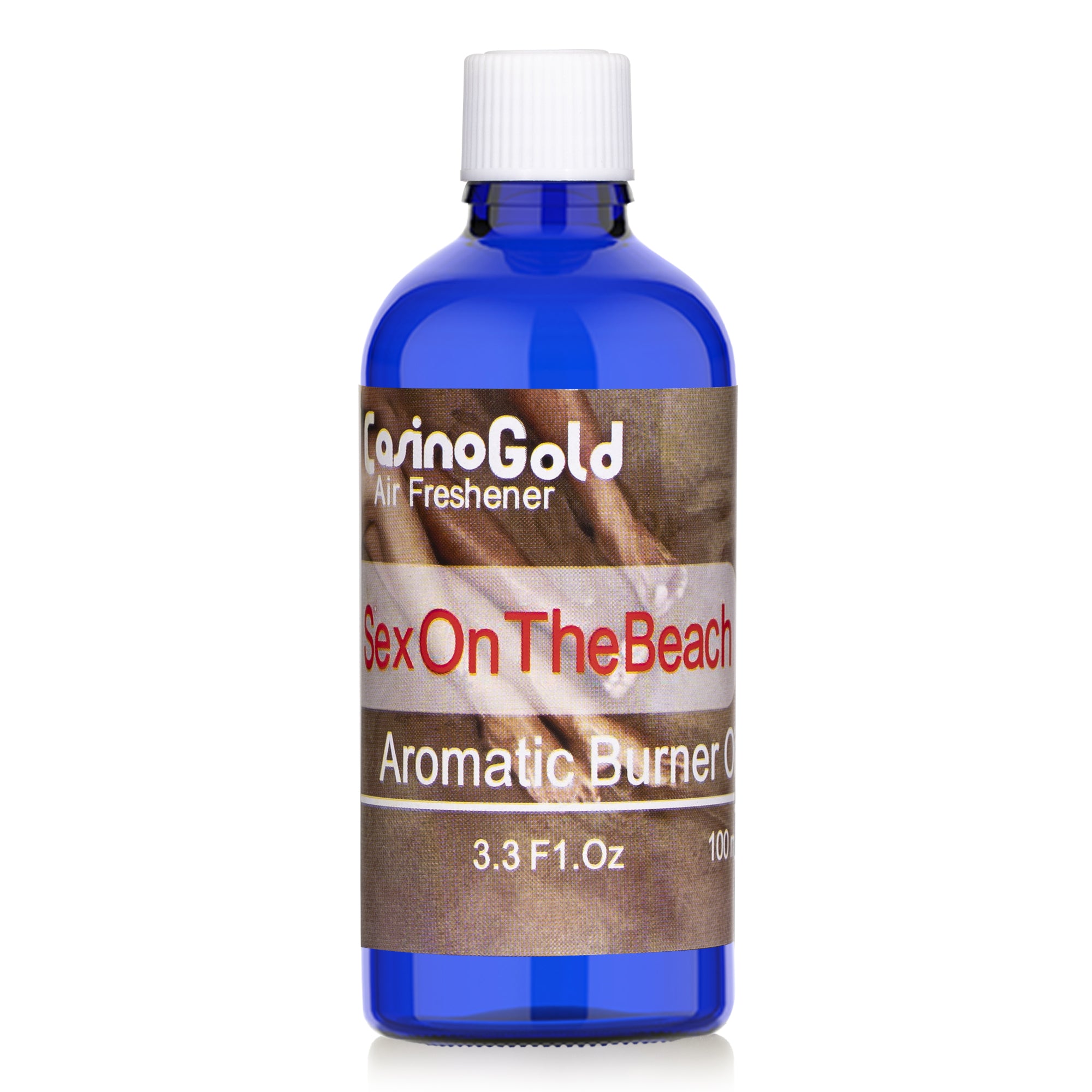 Casino Gold 3.3 oz Sex on the Beach fragrance oil in a cobalt blue bottle with a brown and beige label, designed for aromatic burners and home fragrance use.