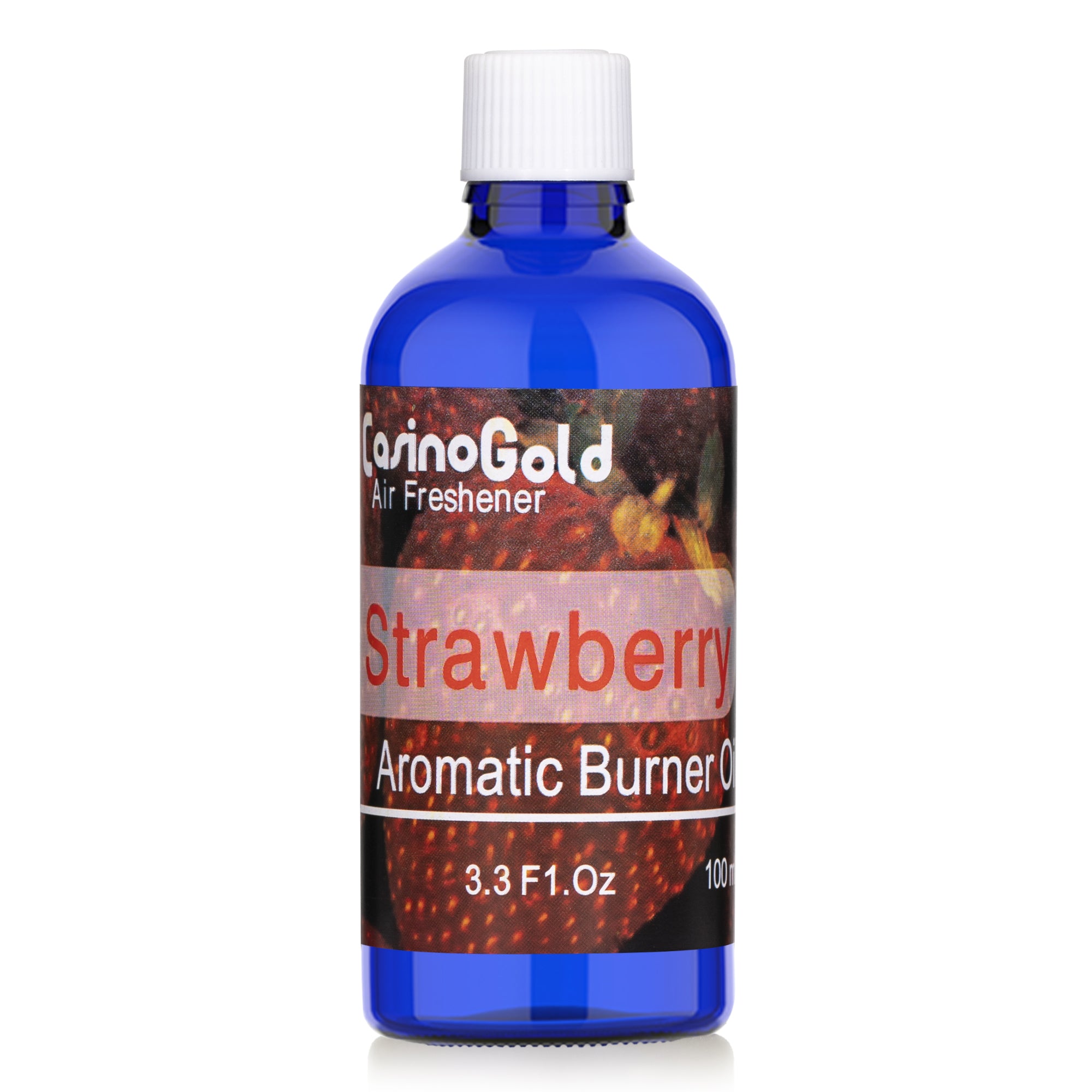Casino Gold 3.3 oz Strawberry fragrance oil in a cobalt blue bottle with a strawberry-themed label, designed for aromatic burners and home fragrance use.