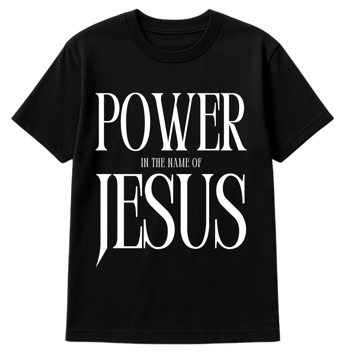 Black Christian t-shirt with bold white text reading “Power in the Name of Jesus” – unisex religious apparel