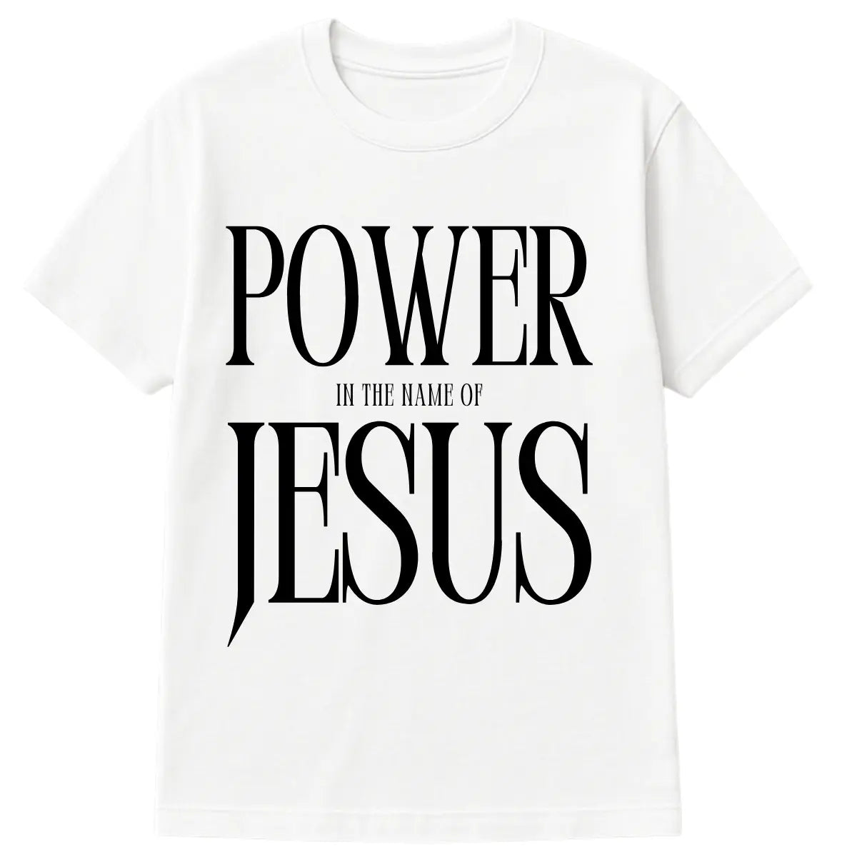 White Christian t-shirt with bold white text reading “Power in the Name of Jesus” – unisex religious apparel
