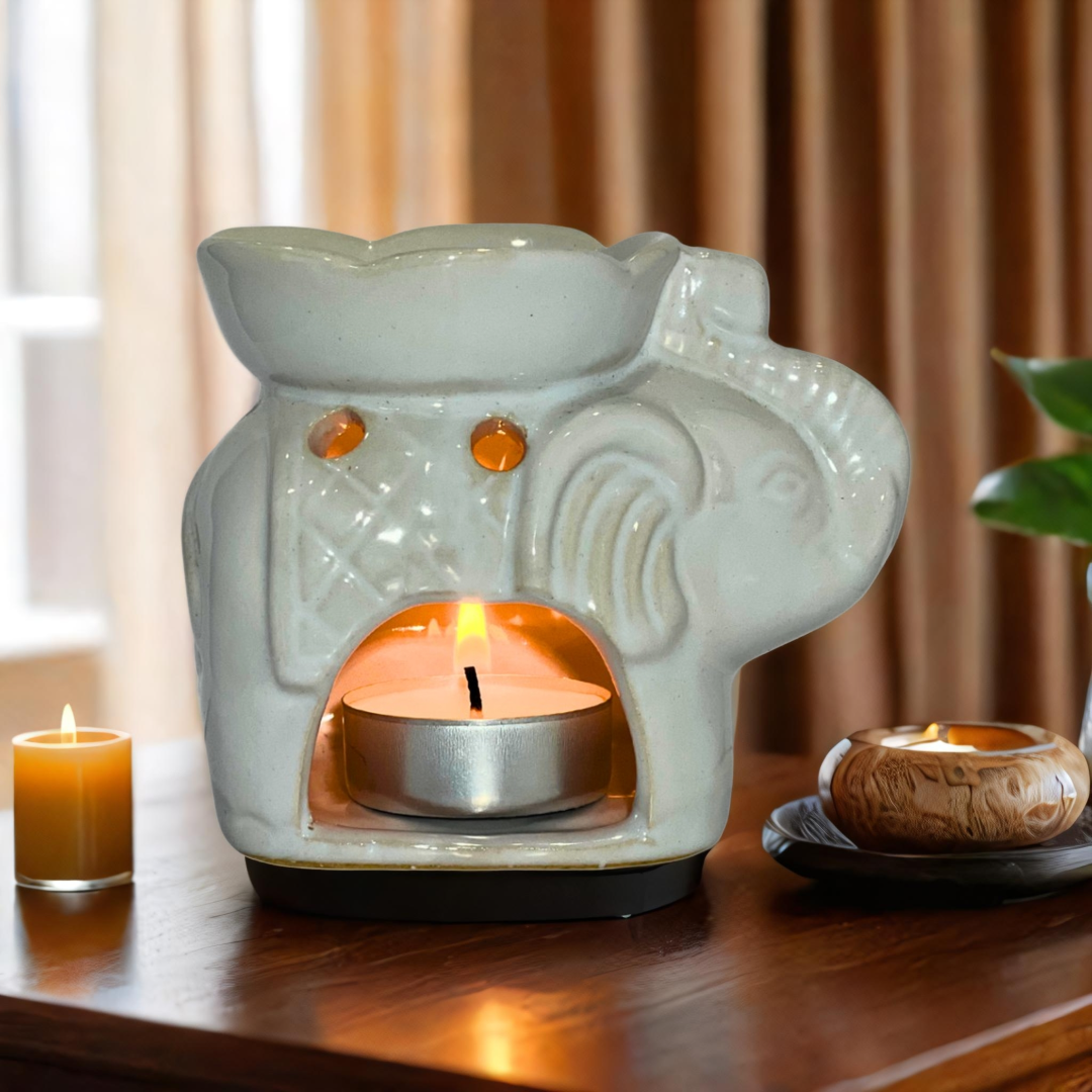 Petite Elephant Ceramic Oil Burner & Wax Warmer – Available in White, Brown, & Dark Grey