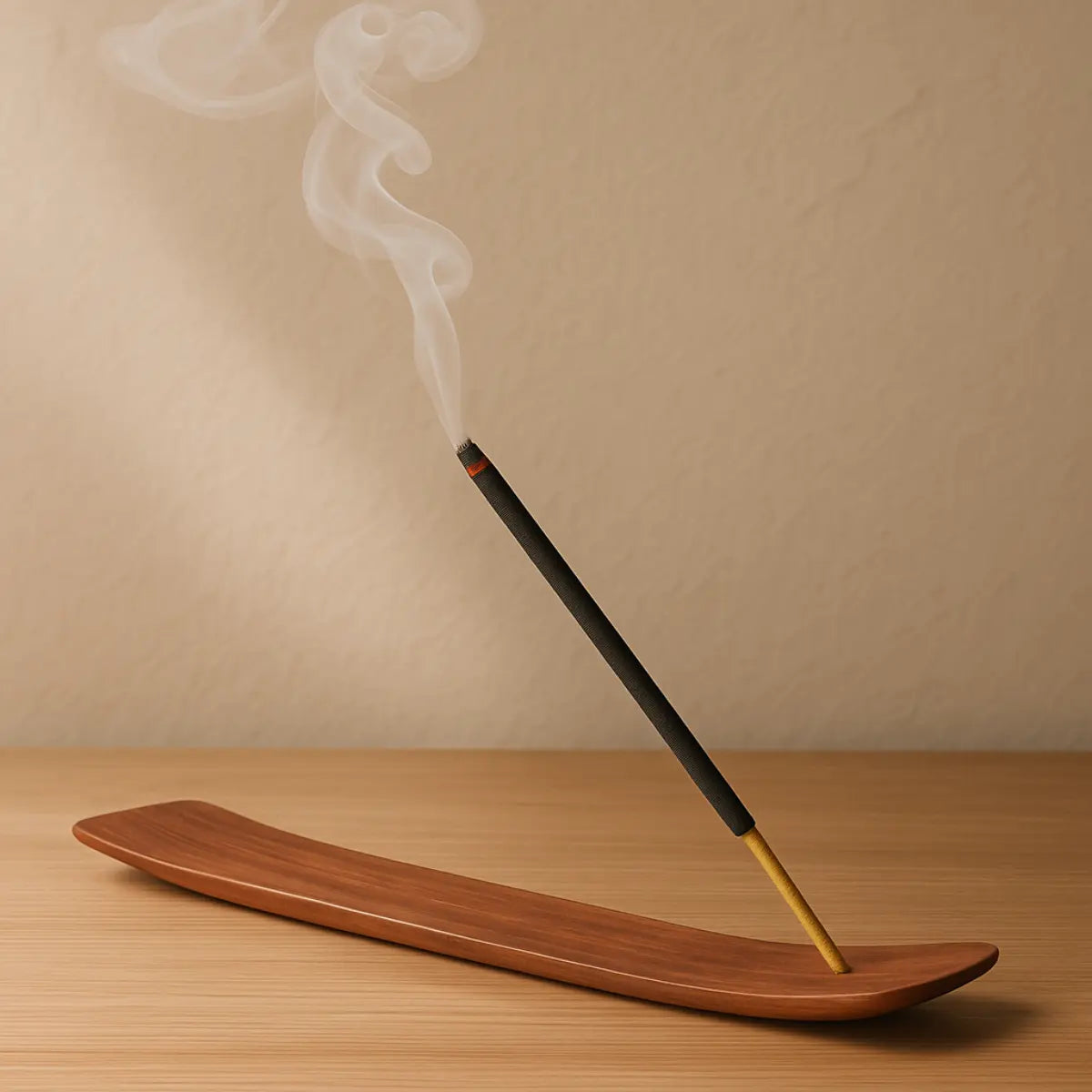 Single black incense stick burning in a curved wooden incense holder with smoke rising gently.