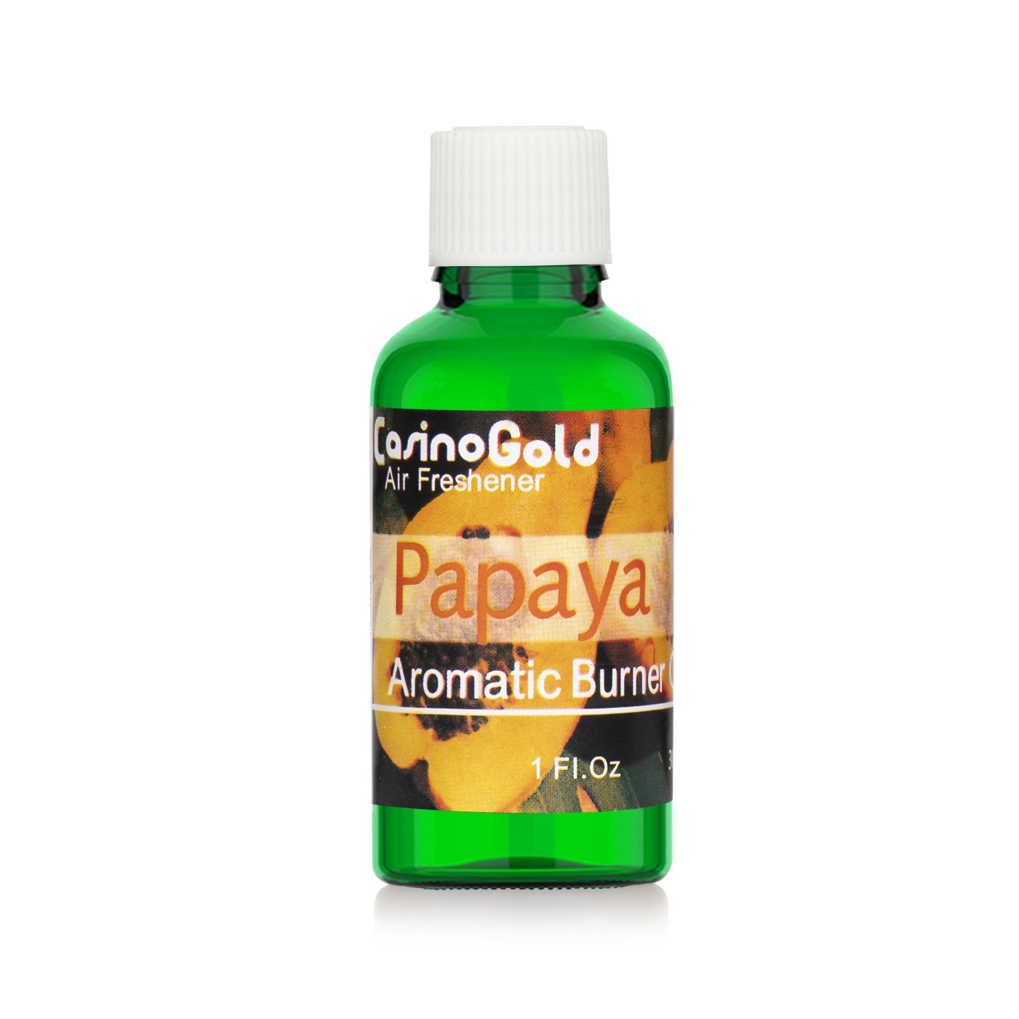 Casino Gold papaya fragrance oil for air fresheners and burners, 1 oz green bottle