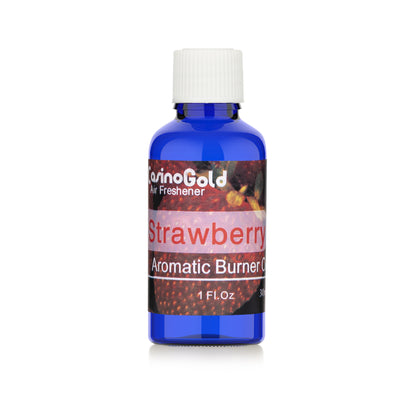 Casino Gold strawberry fragrance oil for diffusers and oil burners, 1 oz blue bottle