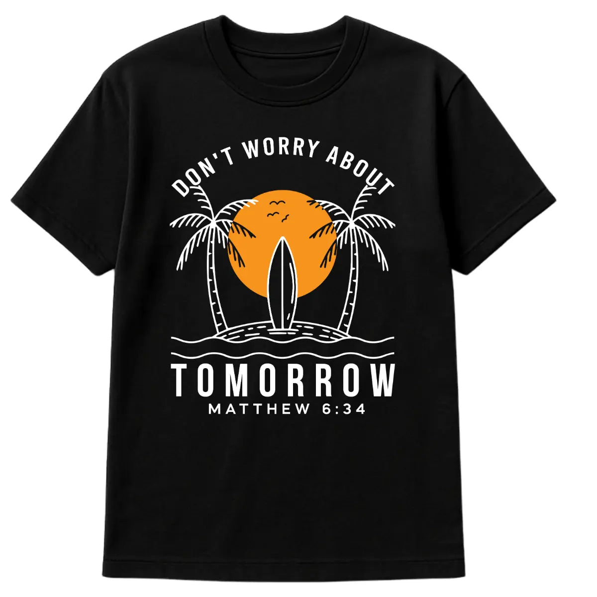 Black Christian t-shirt with beach graphic, sunset, and text “Don’t Worry About Tomorrow – Matthew 6:34”