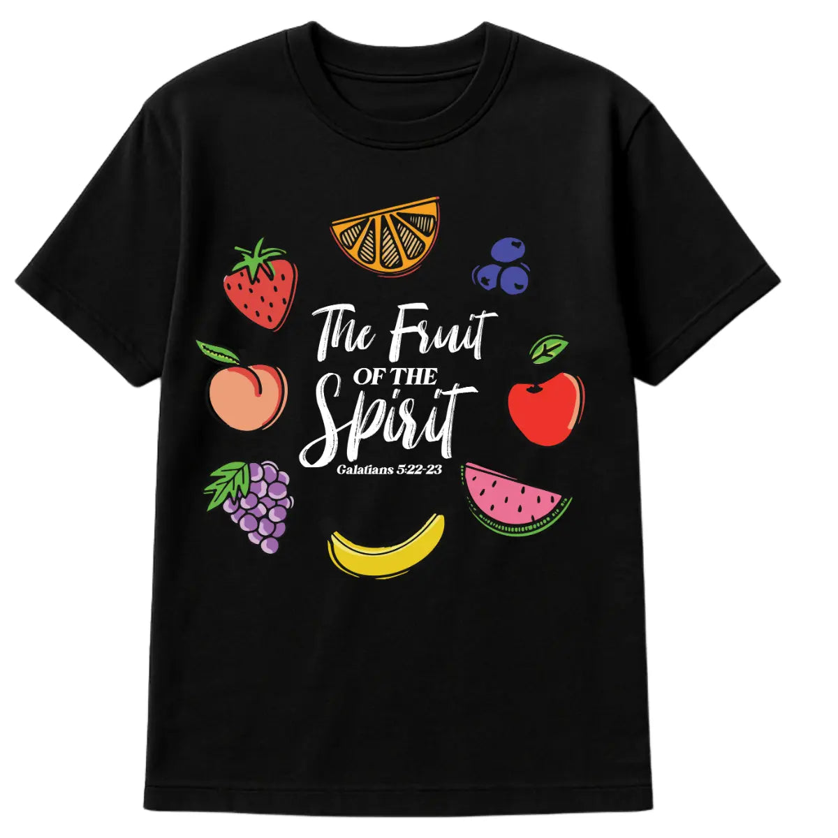 Black Christian t-shirt with colorful fruit illustrations and the text “The Fruit of the Spirit – Galatians 5:22-23”