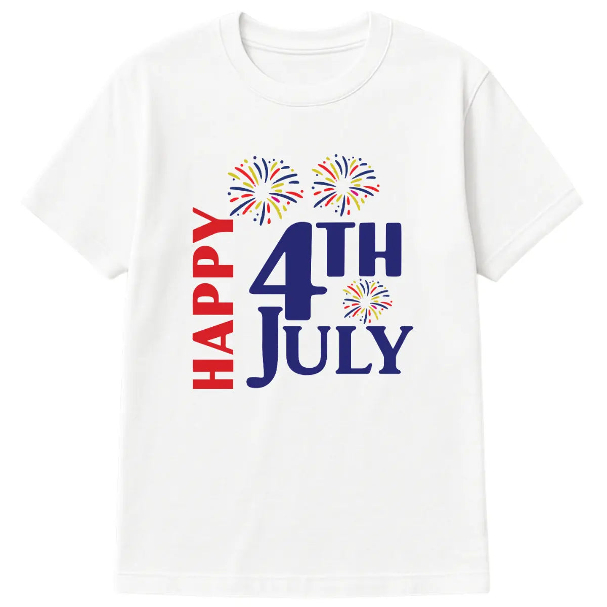 Happy 4th July patriotic t-shirt with bold red and blue text and colorful fireworks on white cotton unisex tee