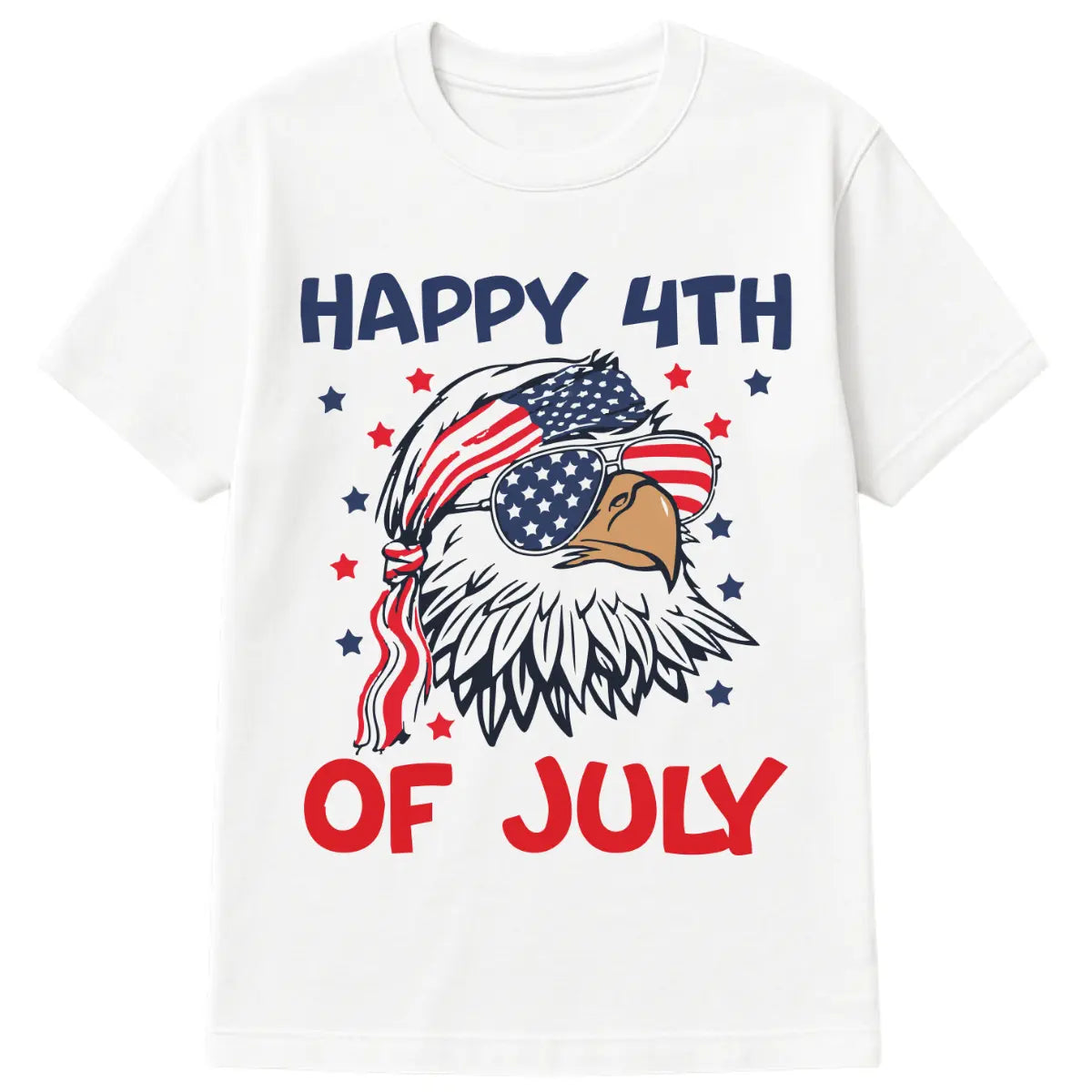 Happy 4th of July t-shirt with eagle wearing American flag bandana and sunglasses, surrounded by stars on white cotton tee