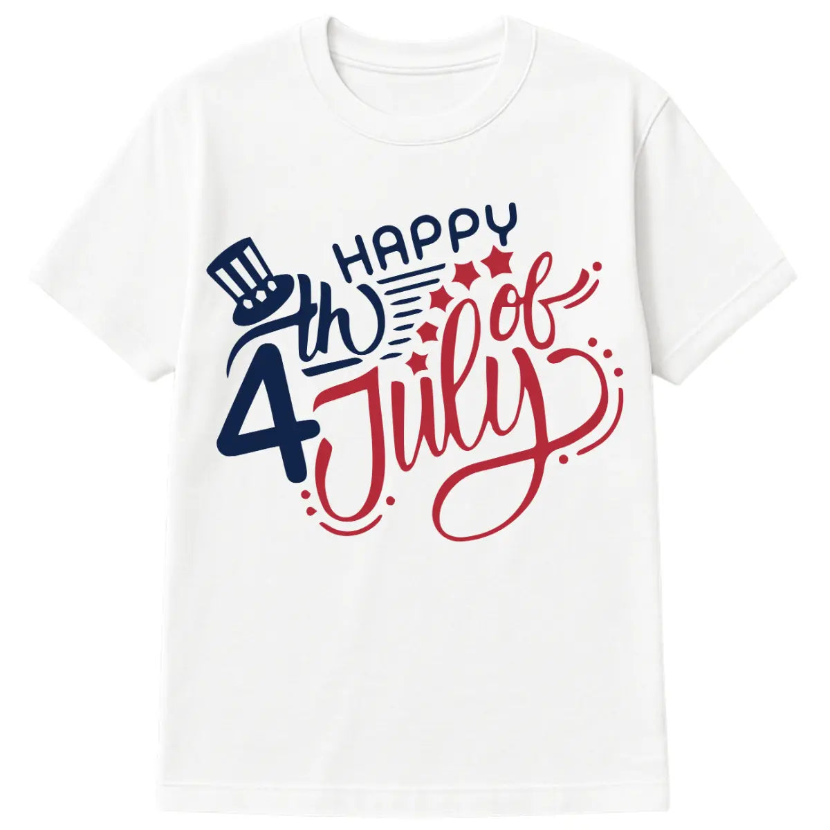 Happy 4th of July patriotic t-shirt with red and blue text, stars, and top hat design on white cotton tee