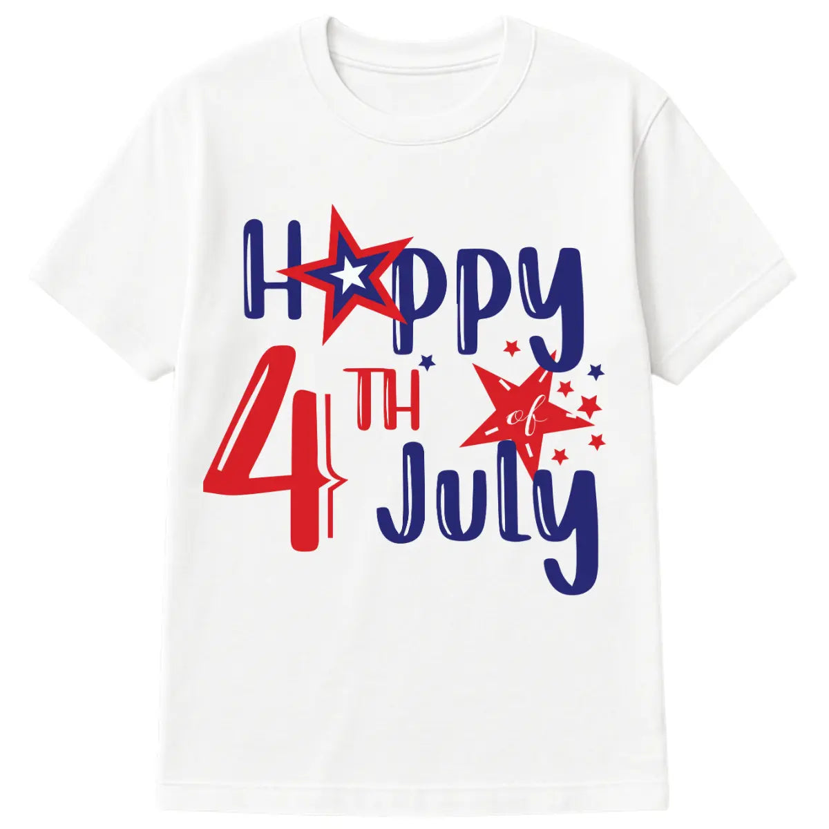 Happy 4th of July patriotic t-shirt with red and blue lettering and starburst design