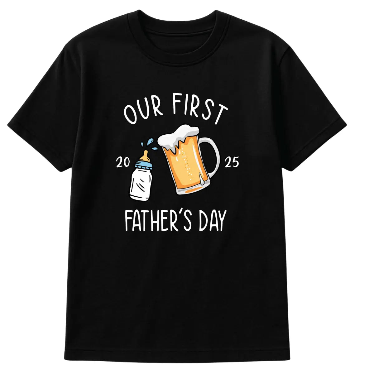 Black "Our First Father's Day 2025" T-shirt for new dads with beer and baby bottle graphic