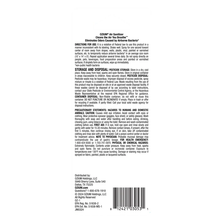 Ozium Air Sanitizer Spray Back Label Directions