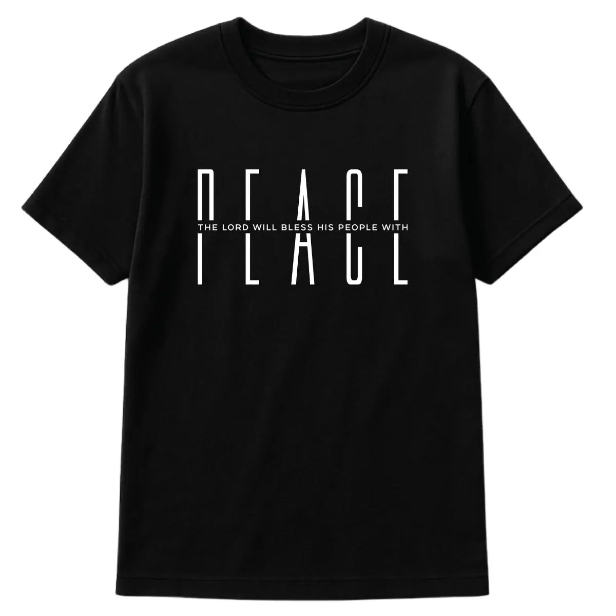 Black Christian t-shirt with vertical white “PEACE” typography and Psalm 29:11 message across the chest