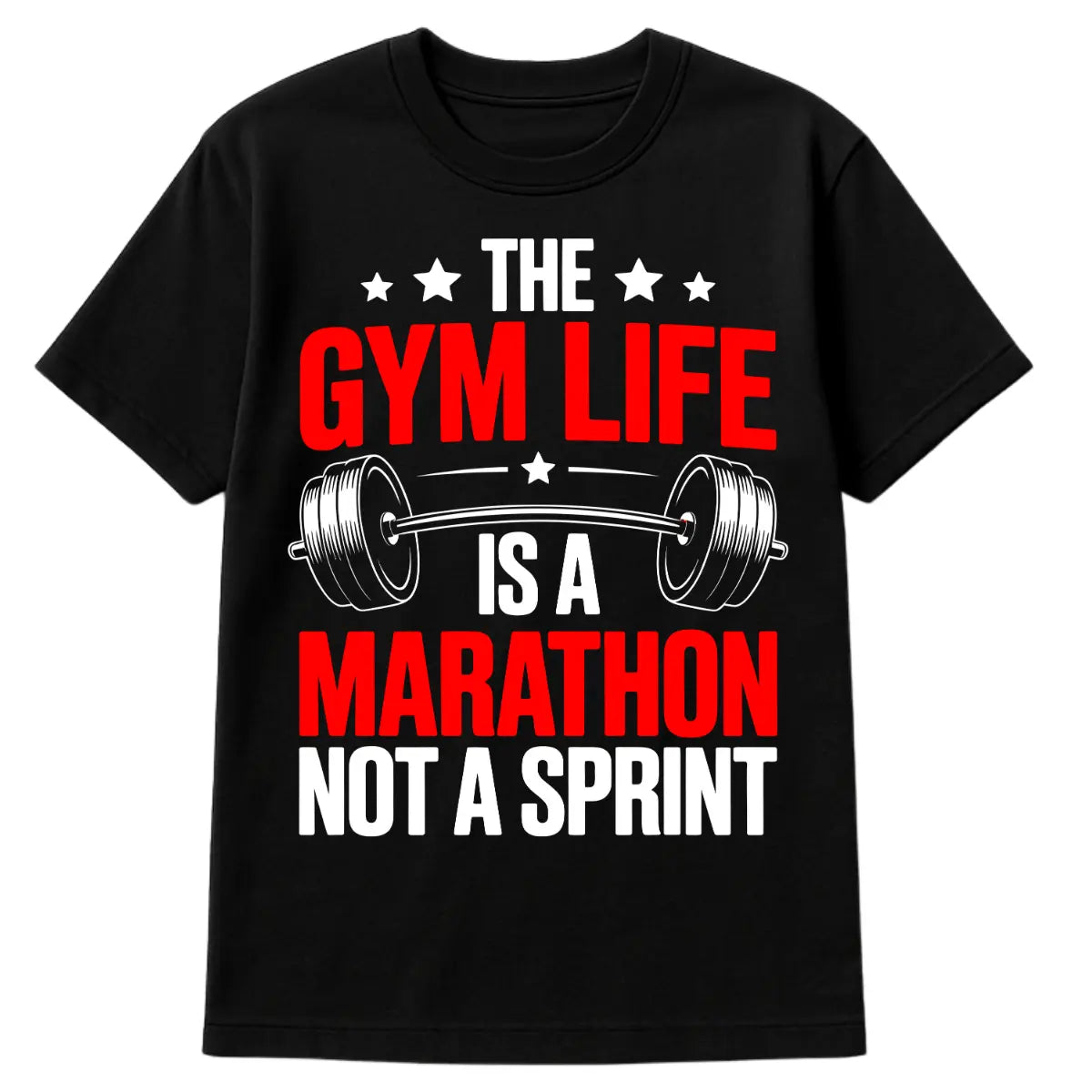 Black gym t-shirt with quote 'The Gym Life is a Marathon Not a Sprint' and barbell design
