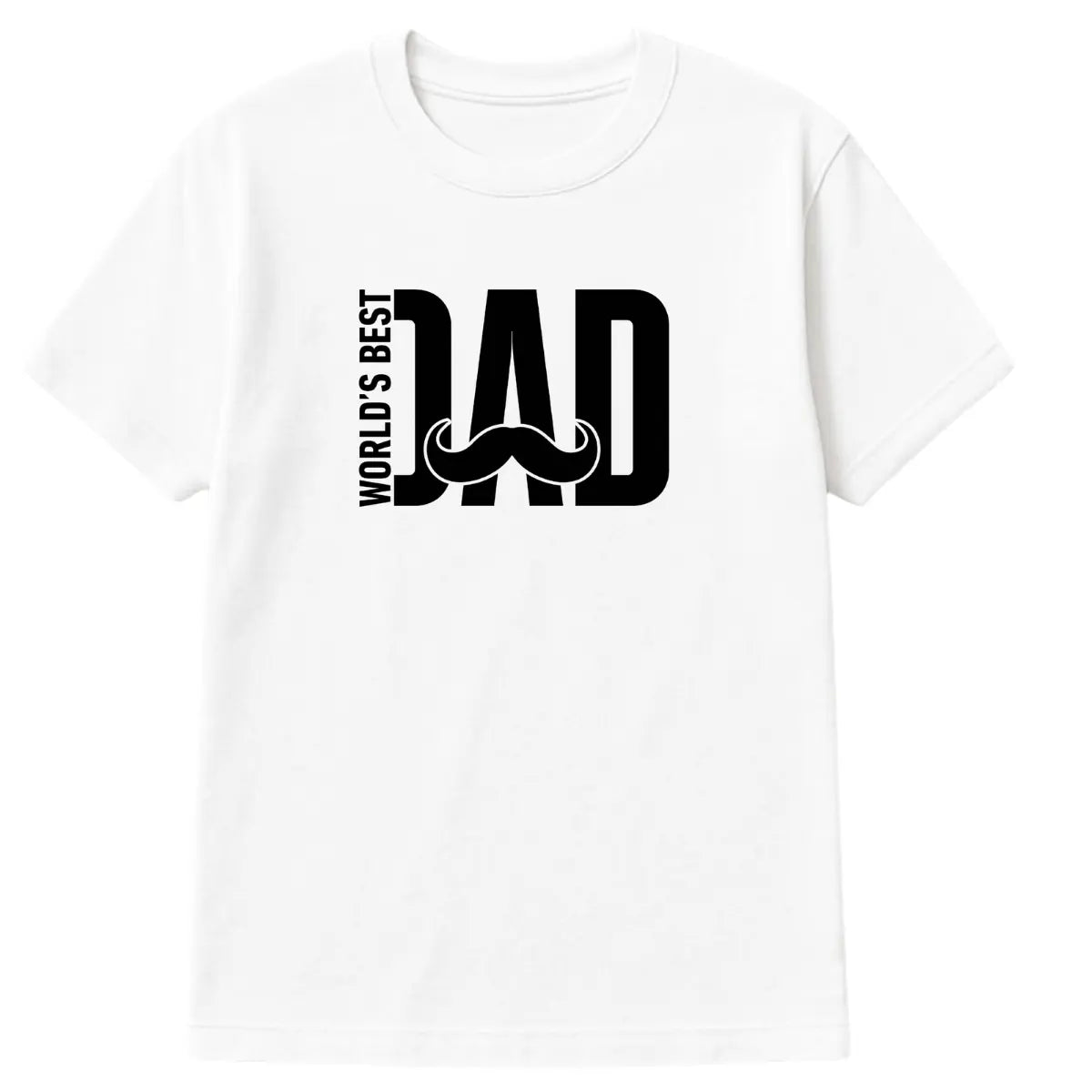 White “World’s Best Dad” T-shirt with mustache graphic in bold block letters